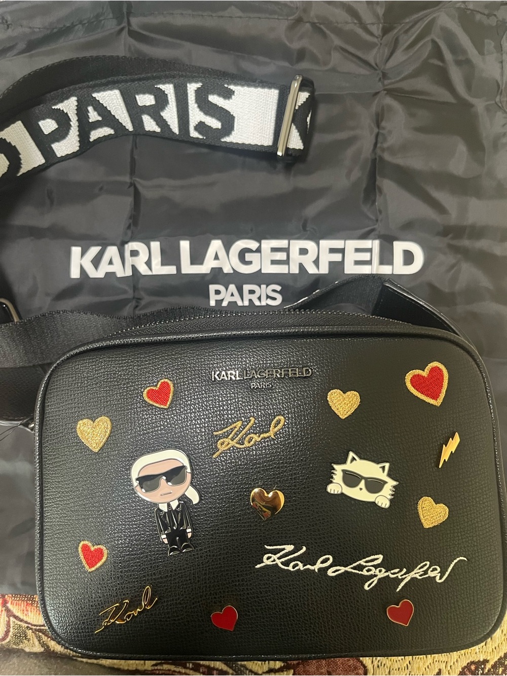 Karl Lagerfeld Black Belt Bag with Red & Gold Accents